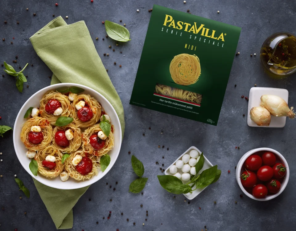 Pastavilla Special Series pasta package presented with fresh ingredients and a gourmet pasta dish in a premium food styling composition.